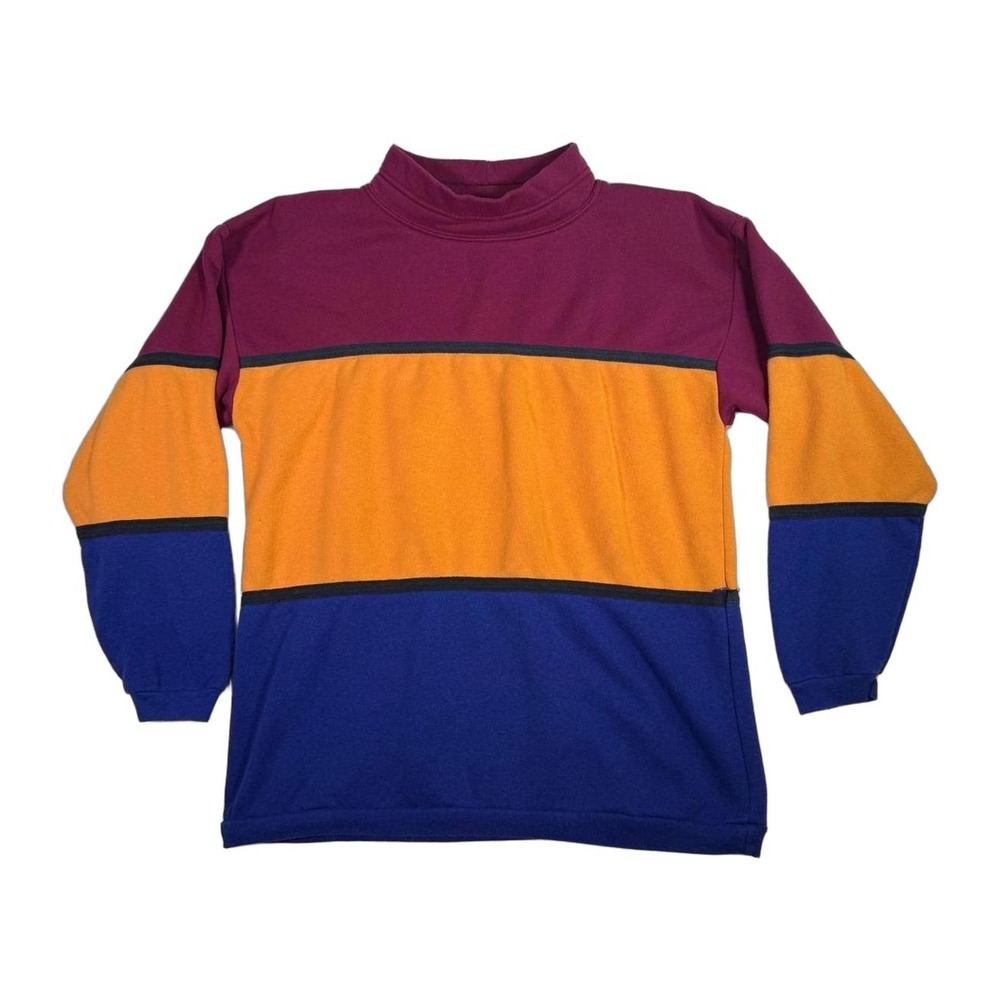 Vintage Sunbelt Colorblock Sweatshirt USA 80s Mock Neck Maroon Orange Blue Retro